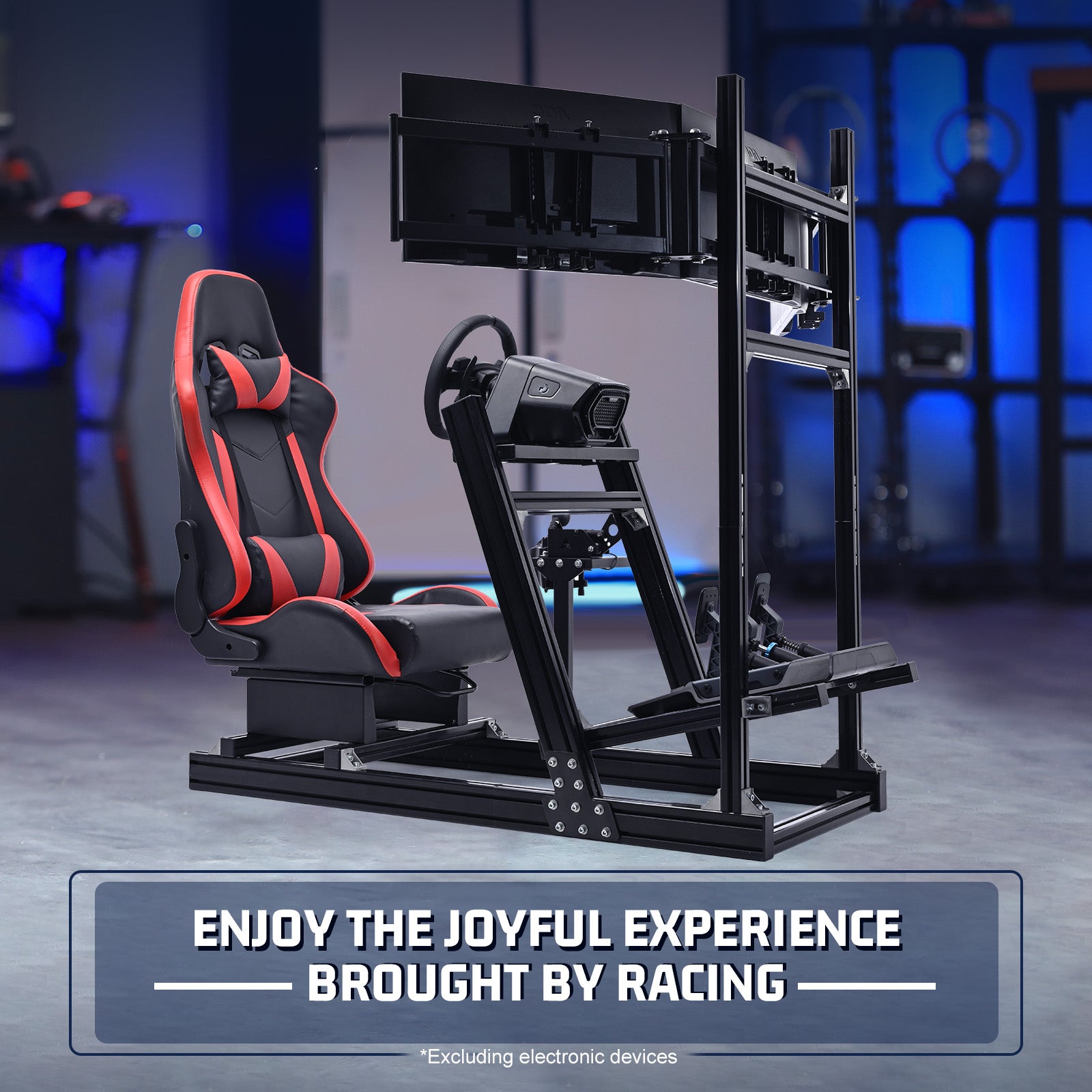 Marada 8040 Aluminum Racing Sim Cockpit with Triple Monitor Stand & Red Gaming Seat, Compatible with Logitech, Thrustmaster, Fanatec, Moza Wheels