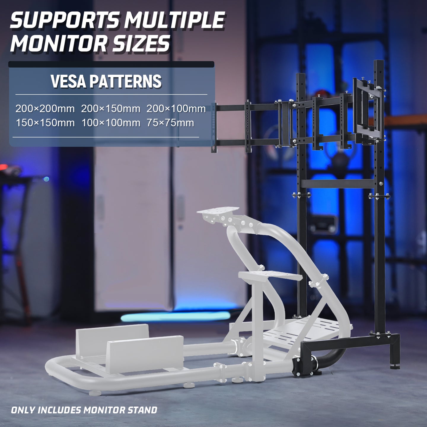 Marada Racing Simulator Triple Monitor Stand Compatible with round tube racing simulator cockpits, supports three screens