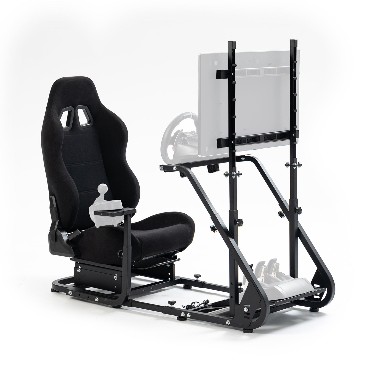 Marada Racing Cockpit Frame with TV Stand, Gear Mount, Black Seat Compatible with G923, G920, T500, FANTEC，T3PA, TGT Height Adjustable Wheel and Pedals Not Included Racing Cockpit Full Kit