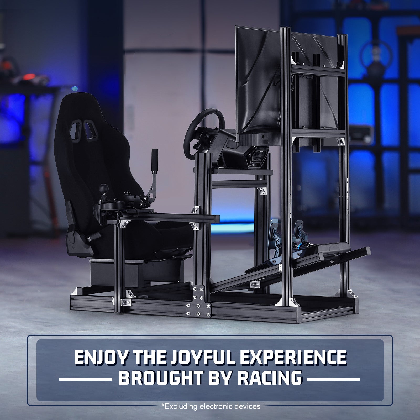 Marada 4080 Adjustable Aluminum Racing Cockpit with Monitor Mount and Black Seat | Compatible with Logitech G29 G920 & Thrustmaster T300