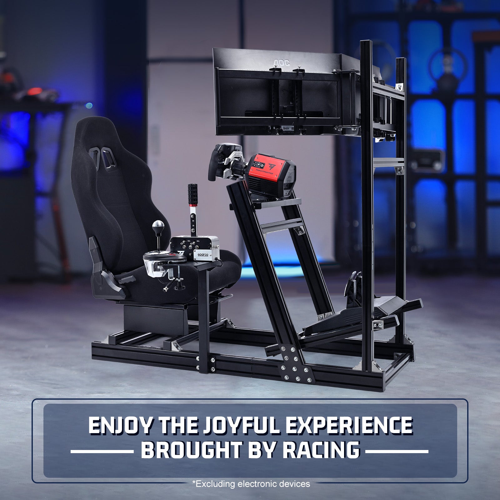 Marada 8040 Triple Screen Sim Rig with Black Racing Seat – Adjustable Cockpit Compatible with Logitech, Thrustmaster, Fanatec & Moza Wheels