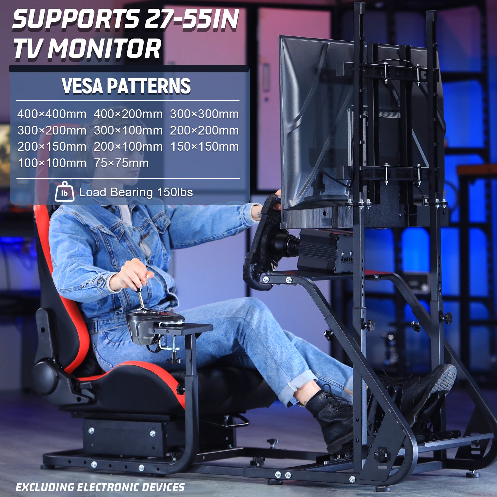 Marada Racing Simulator Cockpit Frame with Monitor Stand, Gear Mount, Red seat Compatible with G923 G920 G29 FANTEC T3PA TGT Height Adjustable Wheel and Pedals Not Included Racing Cockpit Full Kit