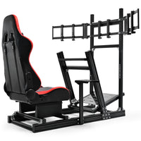 Marada 8040 Aluminum Racing Sim Cockpit with Triple Monitor Stand & Red Gaming Seat, Compatible with Logitech, Thrustmaster, Fanatec, Moza Wheels