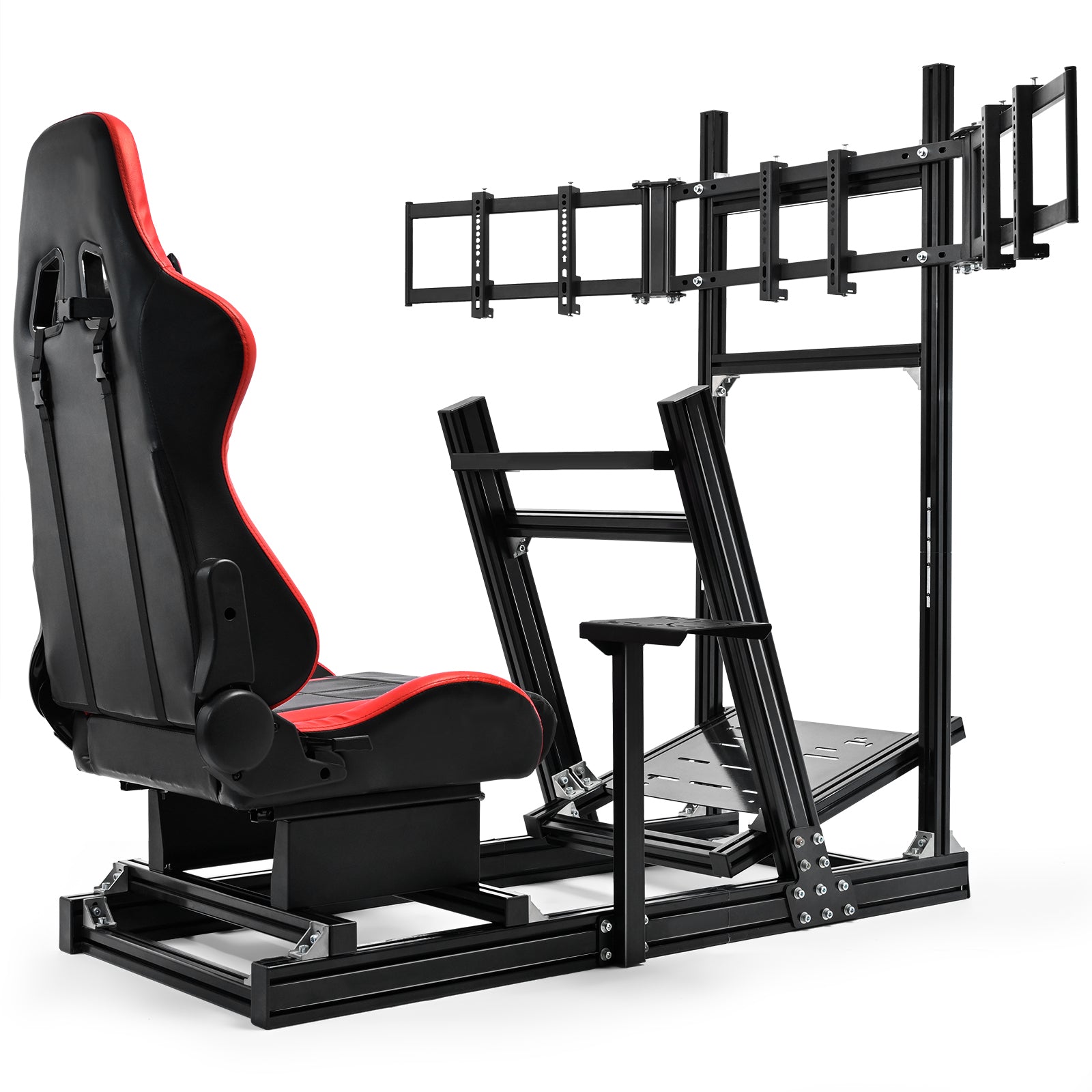Marada 8040 Aluminum Racing Sim Cockpit with Triple Monitor Stand & Red Gaming Seat, Compatible with Logitech, Thrustmaster, Fanatec, Moza Wheels