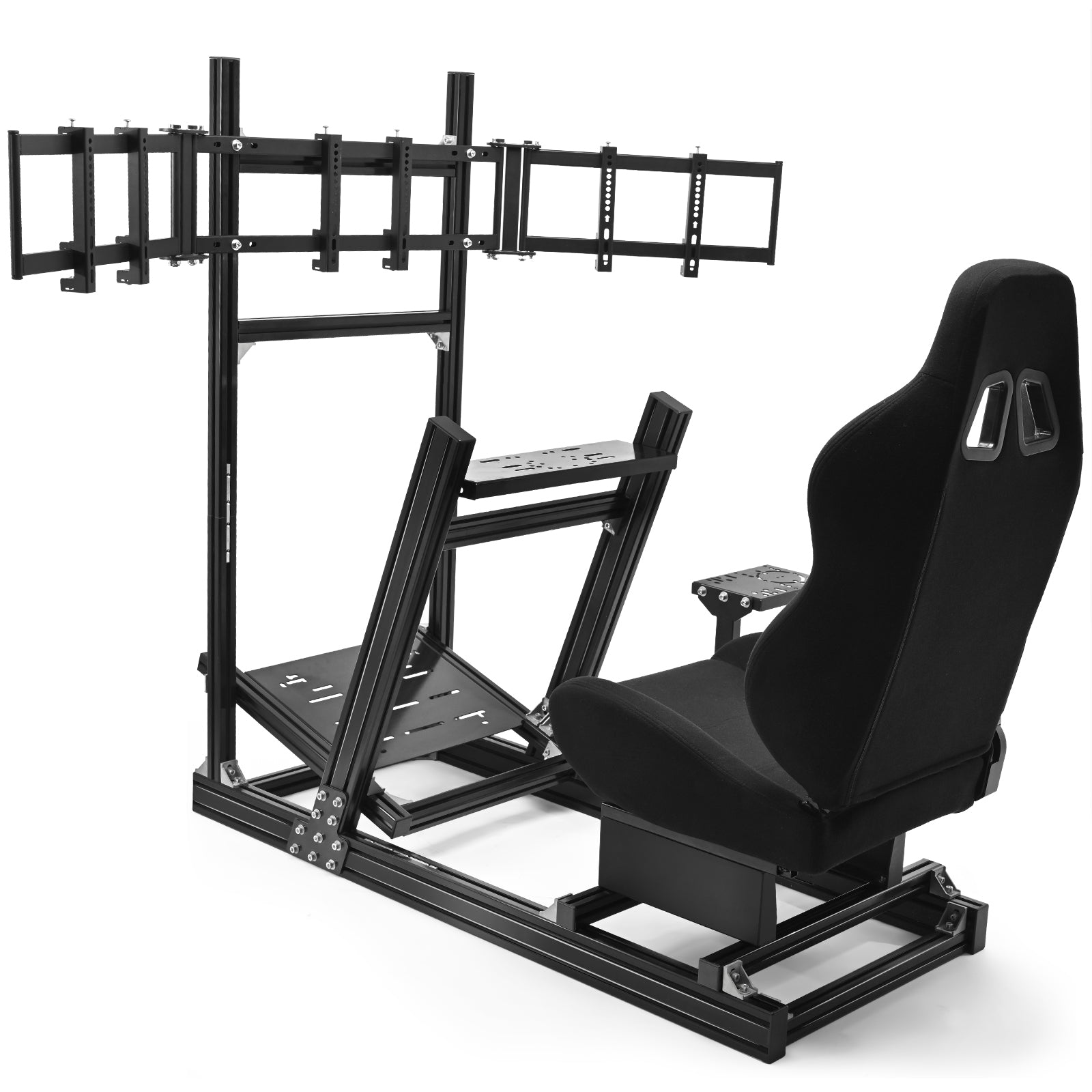 Marada 8040 Triple Screen Sim Rig with Black Racing Seat – Adjustable Cockpit Compatible with Logitech, Thrustmaster, Fanatec & Moza Wheels