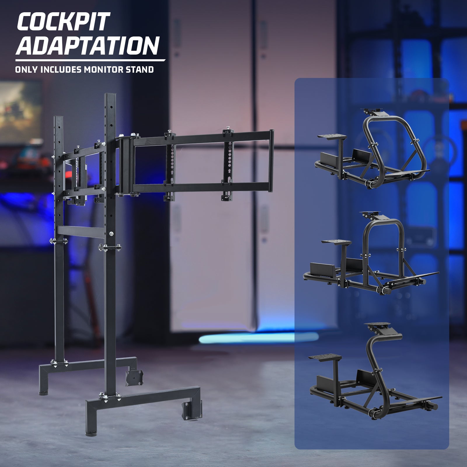 Marada Racing Simulator Triple Monitor Stand Compatible with round tube racing simulator cockpits, supports three screens