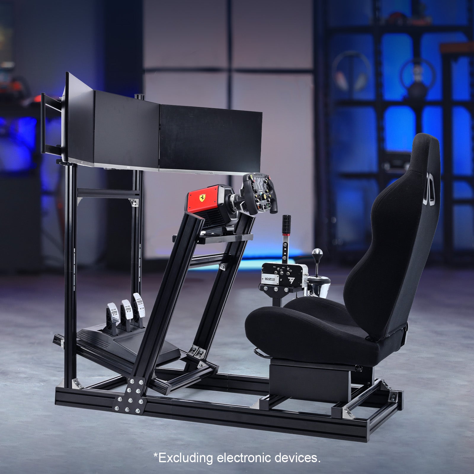 Marada 8040 Triple Screen Sim Rig with Black Racing Seat – Adjustable Cockpit Compatible with Logitech, Thrustmaster, Fanatec & Moza Wheels