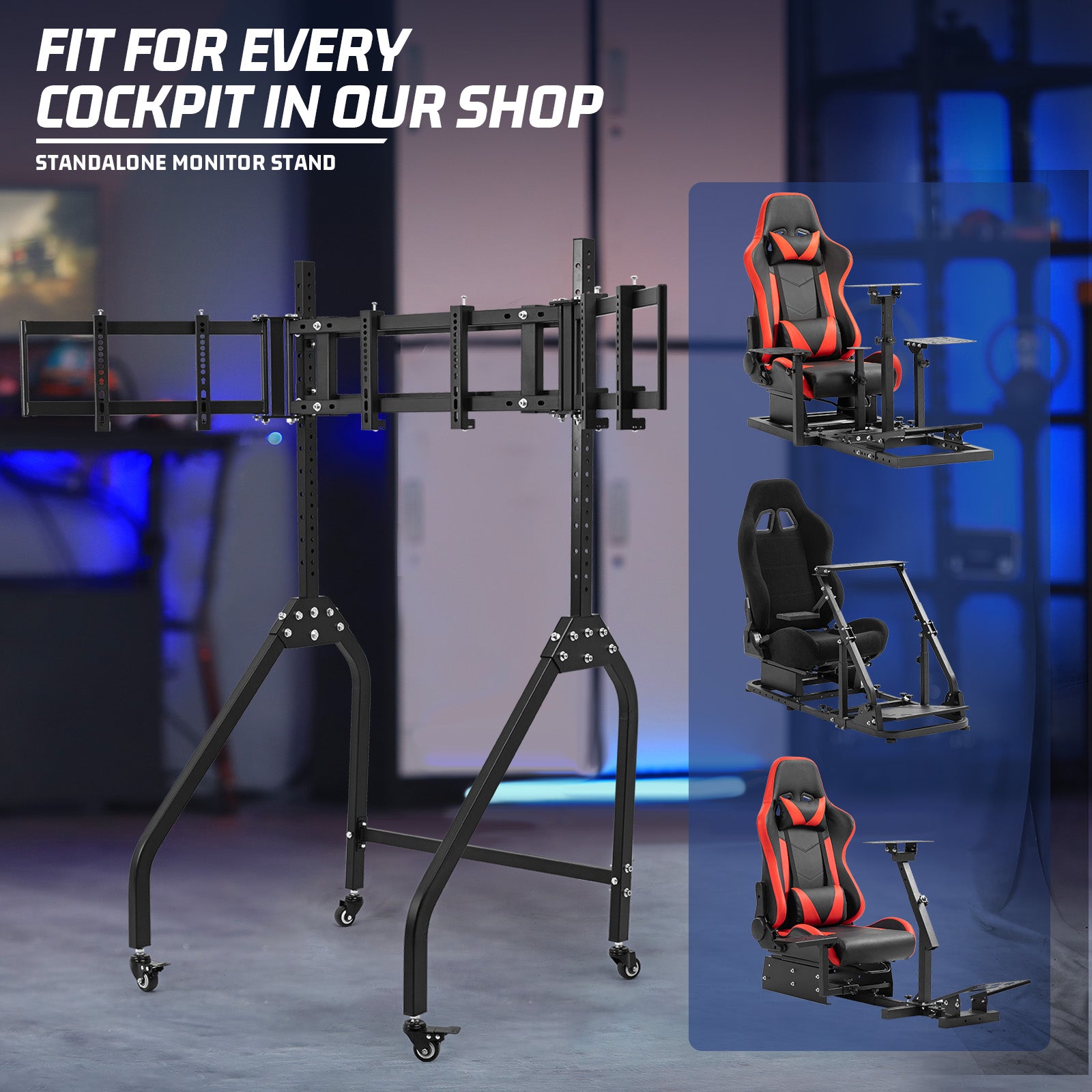 Marada Ergonomic Triple Monitor Stand with Brake Casters: Height, Tilt & Spacing Adjustment for 27 to 32 inch Screens, Applicable to all Game Stands in Our Store