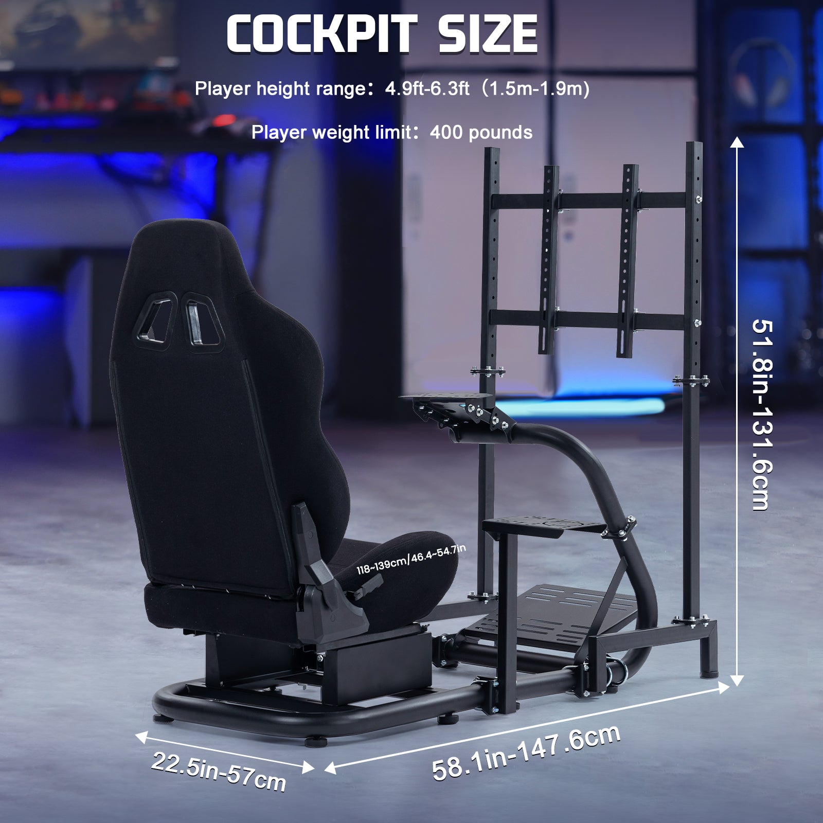 Marada Driving Simulator Cockpit with Monitor Stand & Black Seat Fit for Fantec, Logitech,G923 G920 T500 Wheel and Pedals Not Included