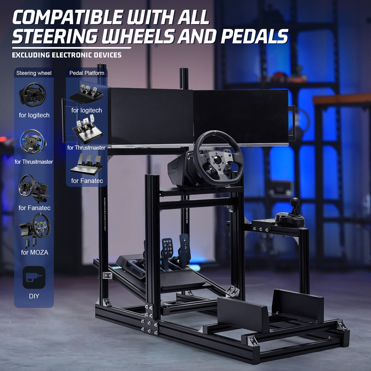 Marada Racing Sim Cockpit 4080 Aluminum Alloy with Triple-Screen Monitor Stand Compatible with Logitech Thrustmaster Fanatec Wheel Shifter Pedals Not Included