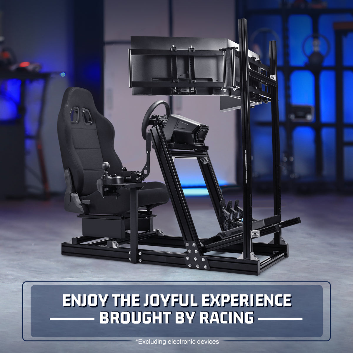 Marada 8040 Triple Screen Sim Rig with Black Racing Seat – Adjustable Cockpit Compatible with Logitech, Thrustmaster, Fanatec & Moza Wheels