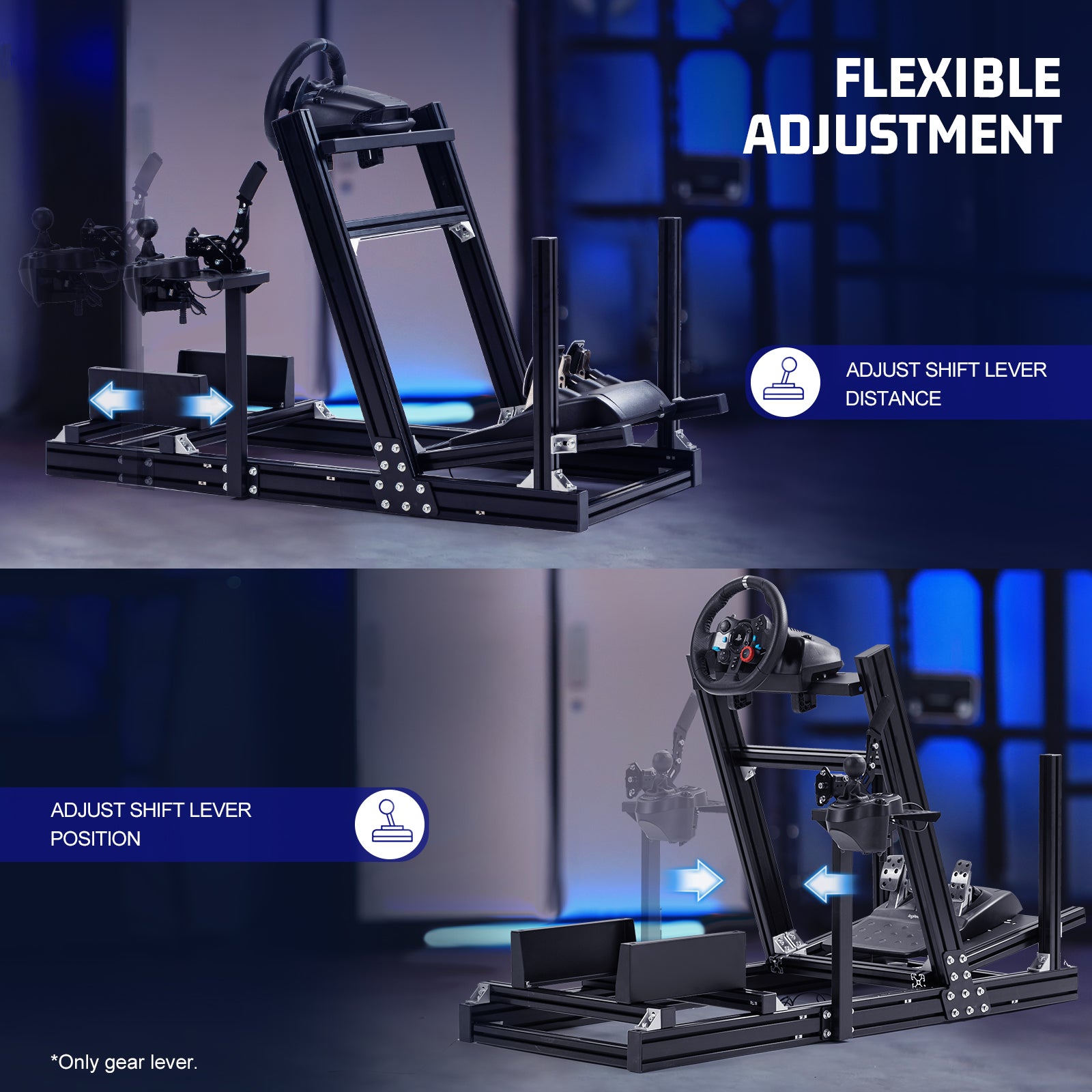 Adjustable gearshift platform accessory for the 4080 Aluminum Alloy Racing Simulator Cockpit features a handbrake gearshift lever bracket with front-to-back and left-to-right sliding micro-adjustment