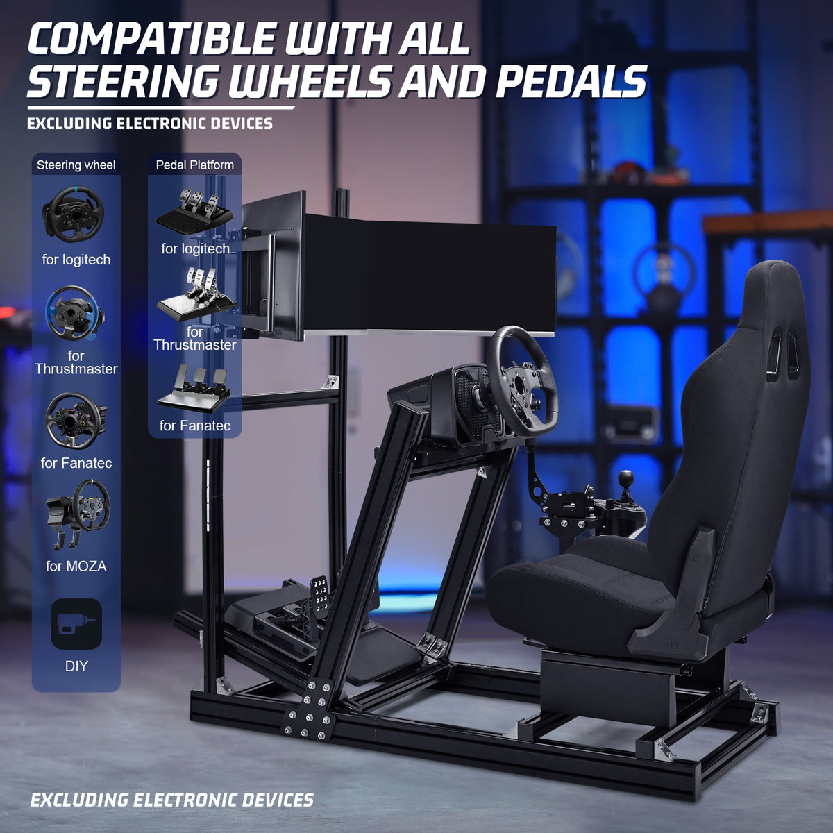 Marada 8040 Triple Screen Sim Rig with Black Racing Seat – Adjustable Cockpit Compatible with Logitech, Thrustmaster, Fanatec & Moza Wheels