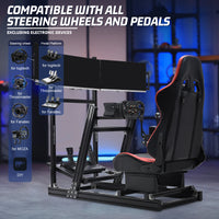 Marada 8040 Aluminum Racing Sim Cockpit with Triple Monitor Stand & Red Gaming Seat, Compatible with Logitech, Thrustmaster, Fanatec, Moza Wheels