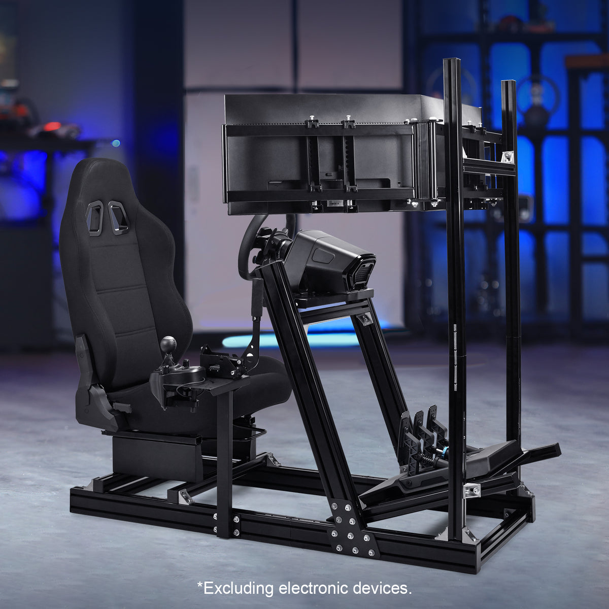 Marada 8040 Triple Screen Sim Rig with Black Racing Seat – Adjustable Cockpit Compatible with Logitech, Thrustmaster, Fanatec & Moza Wheels