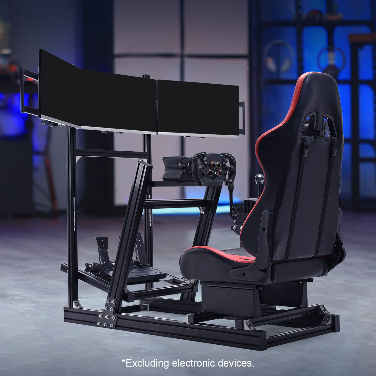 Marada 8040 Aluminum Racing Sim Cockpit with Triple Monitor Stand & Red Gaming Seat, Compatible with Logitech, Thrustmaster, Fanatec, Moza Wheels
