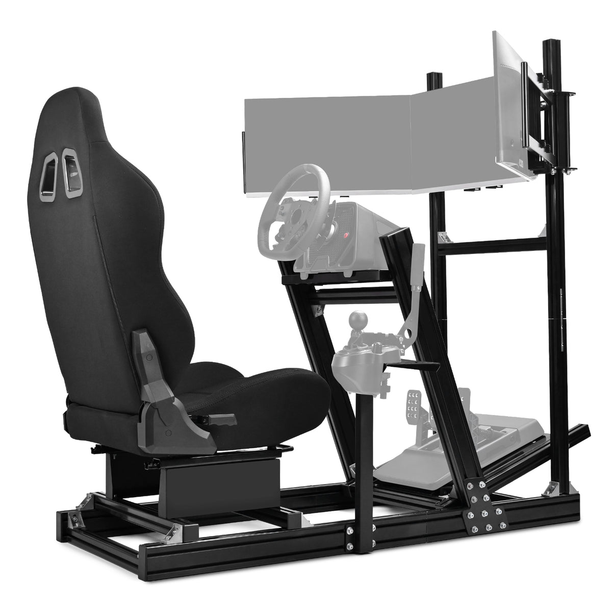Marada 8040 Triple Screen Sim Rig with Black Racing Seat – Adjustable Cockpit Compatible with Logitech, Thrustmaster, Fanatec & Moza Wheels