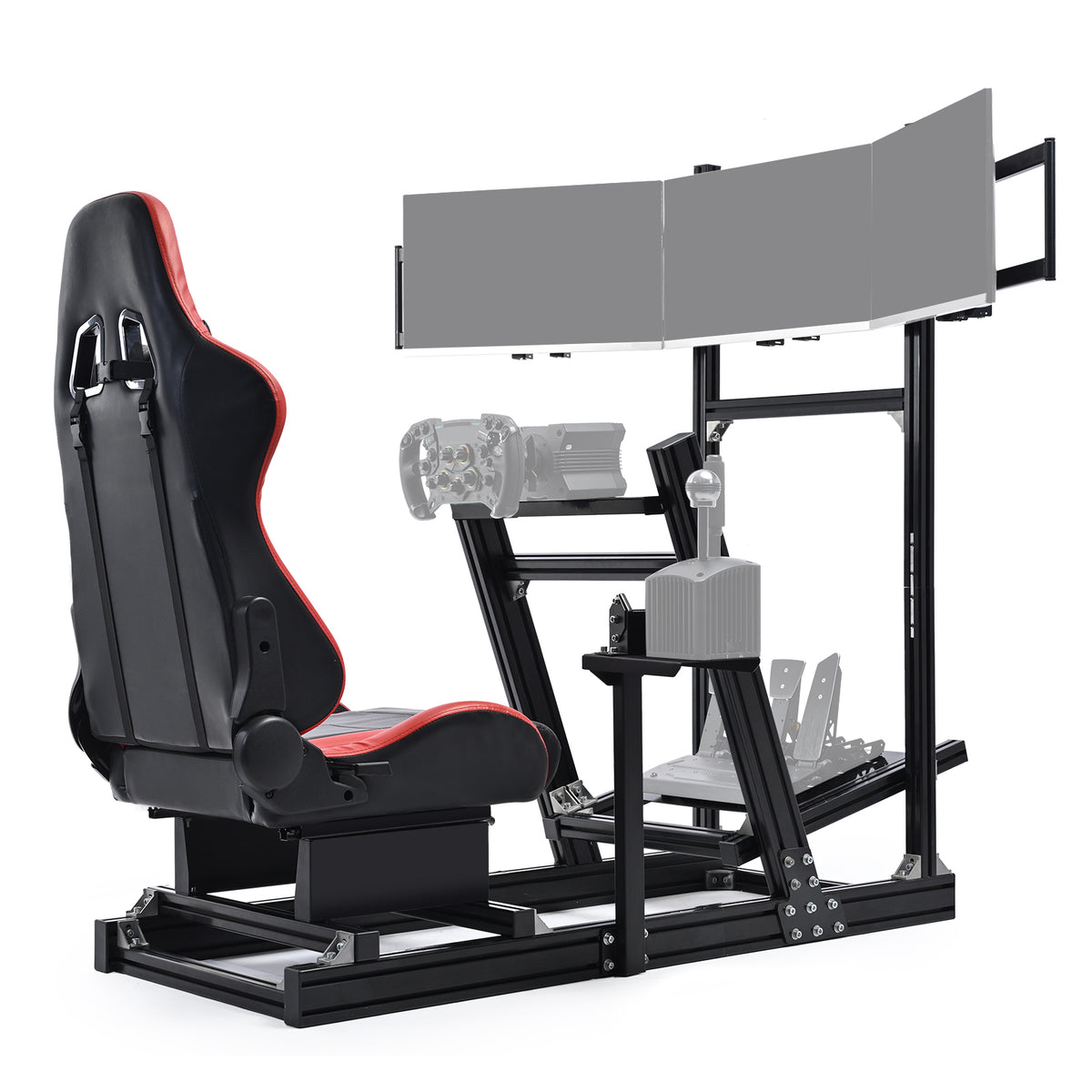 Marada 8040 Aluminum Racing Sim Cockpit with Triple Monitor Stand & Red Gaming Seat, Compatible with Logitech, Thrustmaster, Fanatec, Moza Wheels