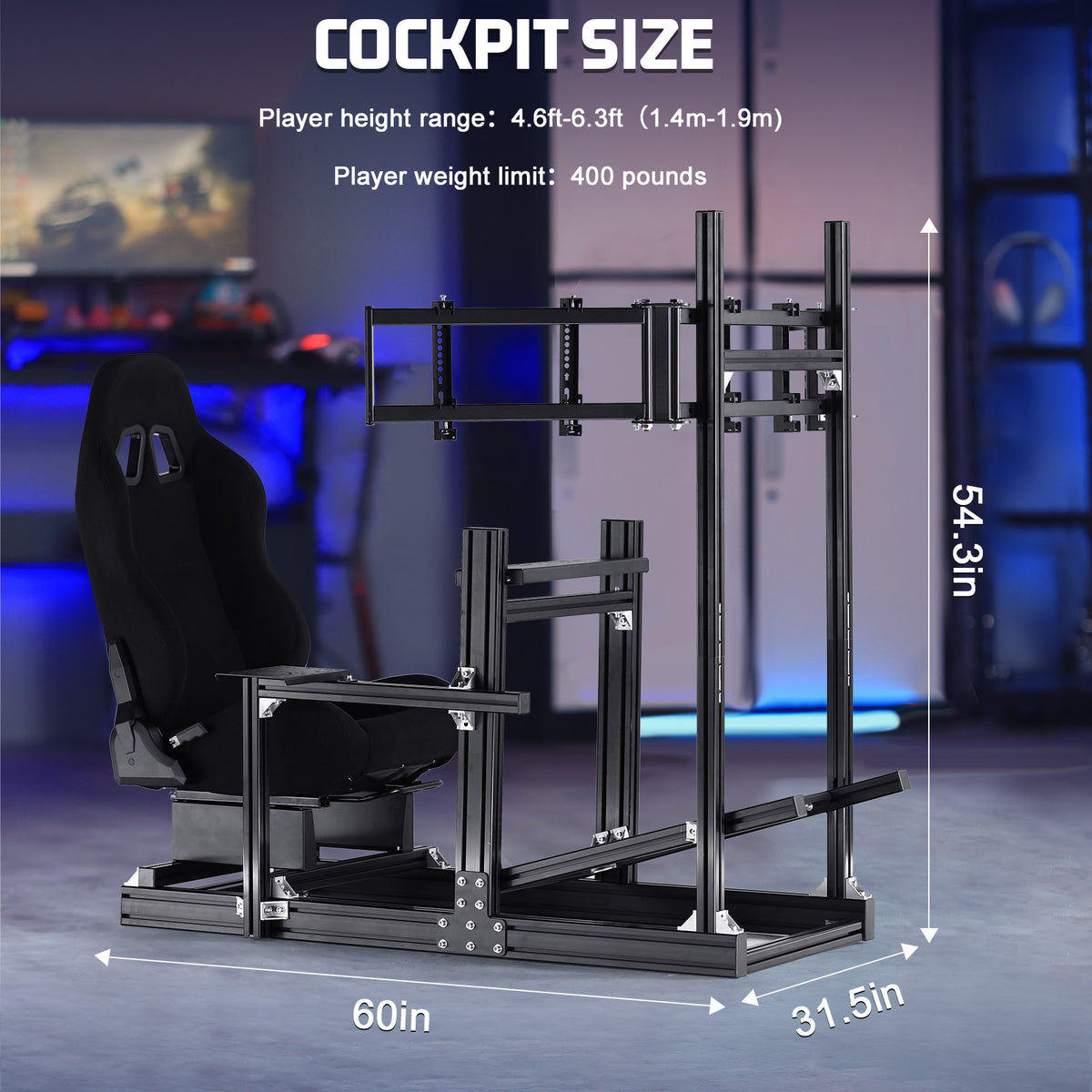 Marada 4080 Aluminum Simulator Cockpit,Adjustable Black Seat, Triple Monitor Mount, Compatible with Major Steering Wheels