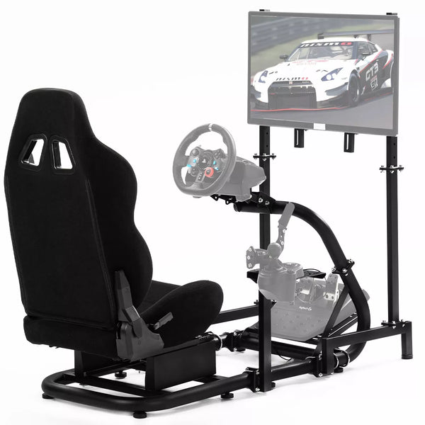 Marada Driving Simulator Cockpit with Monitor Stand & Black Seat Fit for Fantec, Logitech,G923 G920 T500 Wheel and Pedals Not Included