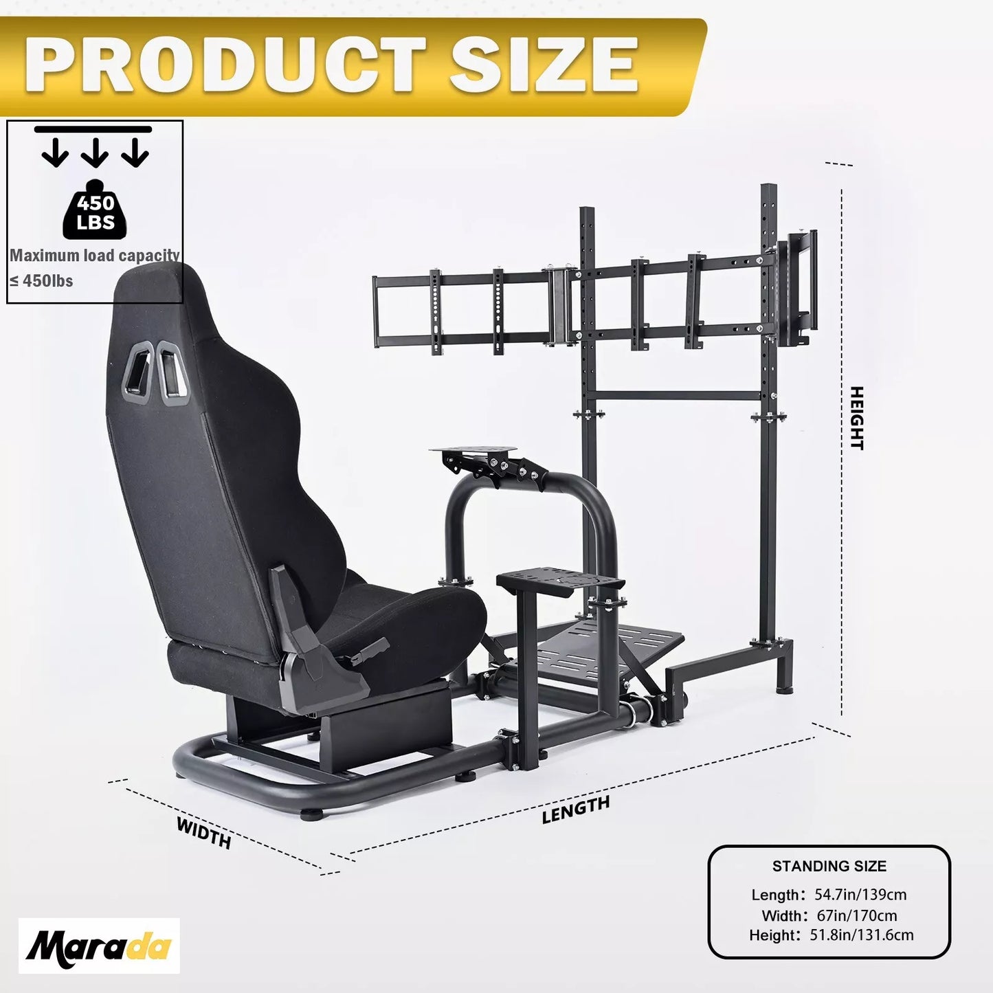 Marada Racing Simulator Cockpit with Triple Monitor TV Stand & Black S