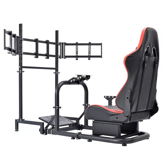 Marada Racing Simulator Cockpit with Triple Monitor Stand & Red Seat Fit LogitechG29