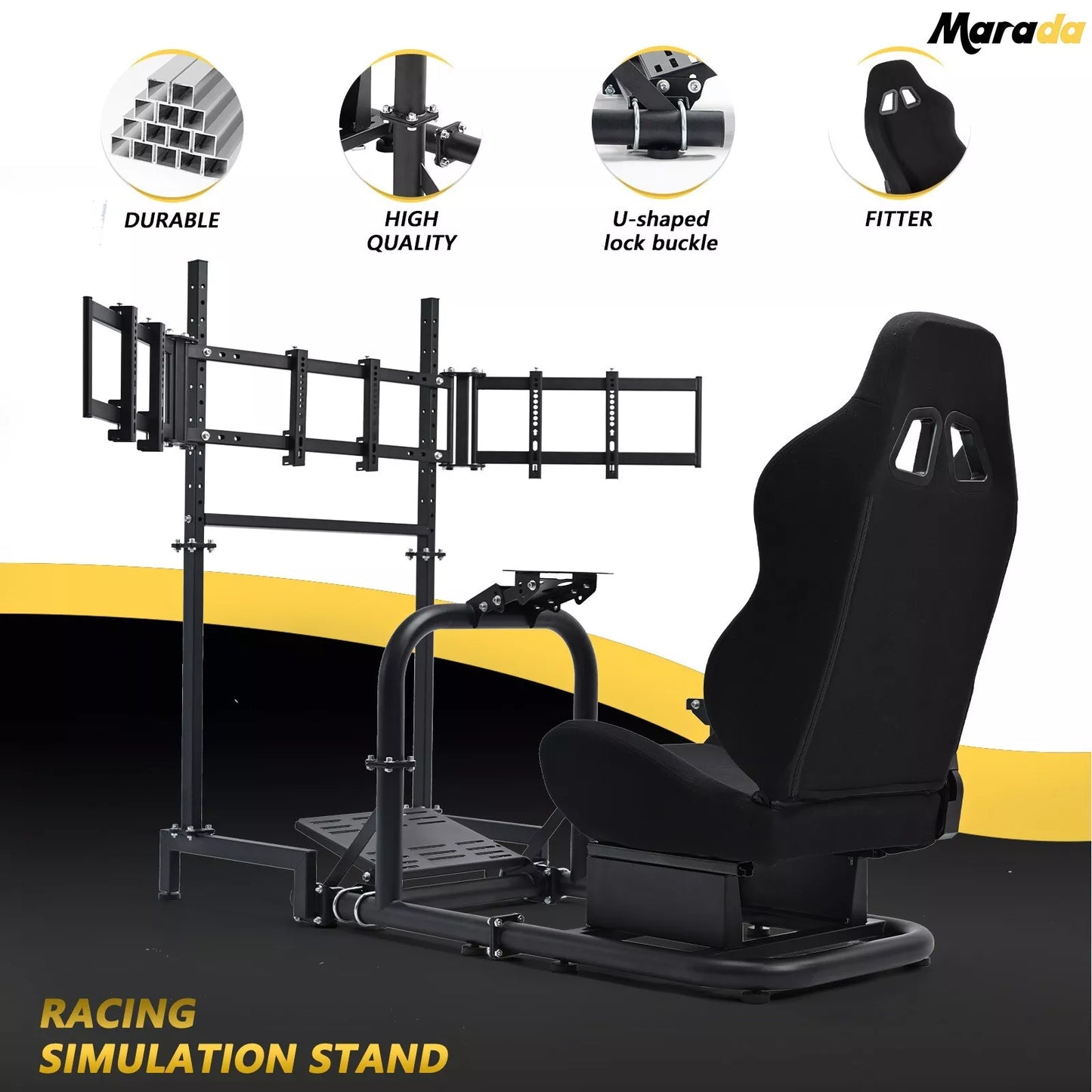 Marada Racing Simulator Cockpit with Triple Monitor TV Stand & Black S