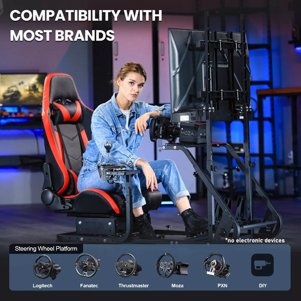 Marada Racing Simulator Cockpit Frame with Monitor Stand, Gear Mount, Red seat Compatible with G923 G920 G29 FANTEC T3PA TGT Height Adjustable Wheel and Pedals Not Included Racing Cockpit Full Kit