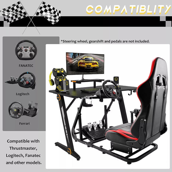 Marada Adjustable Racing Simulator Cockpit Frame with Gear Shifter Mount fit for Logitech G25 G27 G29 G920 with Red Seat