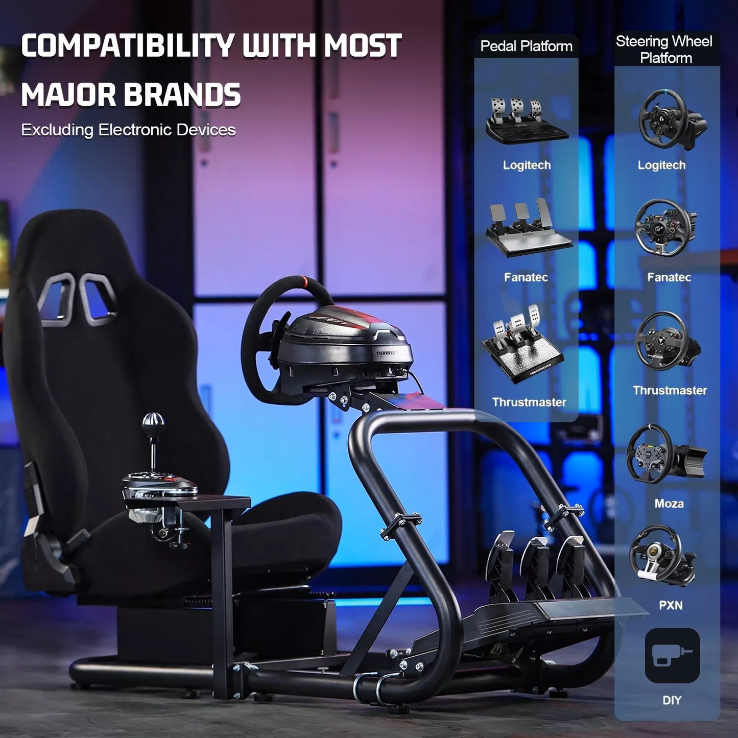 Marada Racing Wheel Stand (Cockpit 54) Adjustable Fit for |Logitech G25 G27 G29 G920 |Thrustmaster T80 T150 | Fanatec with Black Racing Seat Wheel, Pedals,and Shifter Not Include