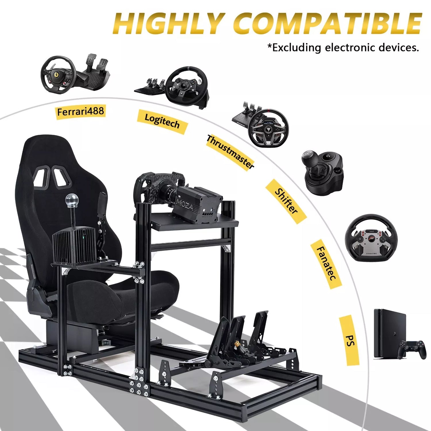 Marada Foldable Racing Sim Marada Racing Sim Cockpit 3060 Aluminum Racing Stand with Black Seat C