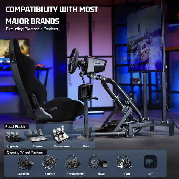 Marada Driving Simulator Cockpit with Monitor Stand&Black Seat Fit for G923 G920 T500,FANTEC,T3PA/TGT, Stable & Strong Wheel and Pedal Not Included Racing Cockpit Full Kit-54