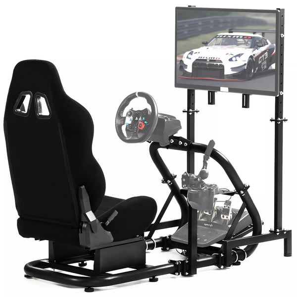 Marada Driving Simulator Cockpit with Monitor Stand&Black Seat Fit for G923 G920 T500,FANTEC,T3PA/TGT, Stable & Strong Wheel and Pedal Not Included Racing Cockpit Full Kit-54