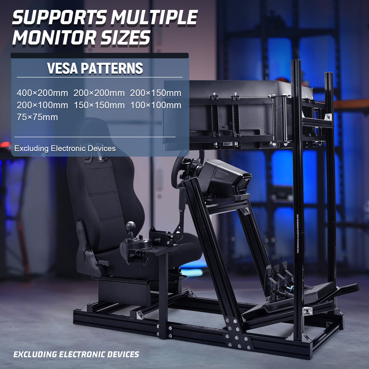Marada 8040 Triple Screen Sim Rig with Black Racing Seat – Adjustable Cockpit Compatible with Logitech, Thrustmaster, Fanatec & Moza Wheels