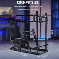 Marada 8040 Triple Screen Sim Rig with Black Racing Seat – Adjustable Cockpit Compatible with Logitech, Thrustmaster, Fanatec & Moza Wheels