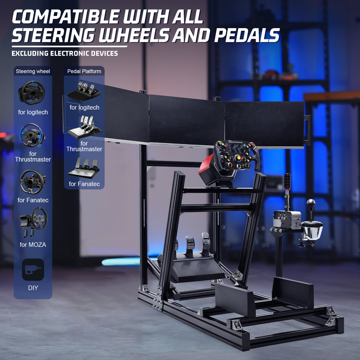 Marada G29 Sim Racing Cockpit Stand 4080 Aluminum Profile with Triple Monitor Bracket Fit Logitech G920 G923