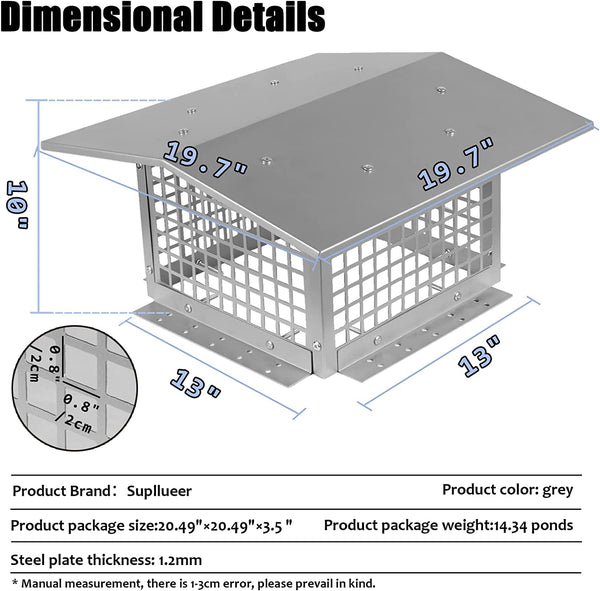 Marada 8" x 13"|8" x 17"|13" x 13"|13" x 17" Chimney Cap Flue Caps Fits Outdoor Masonry Chimney Flue Tile