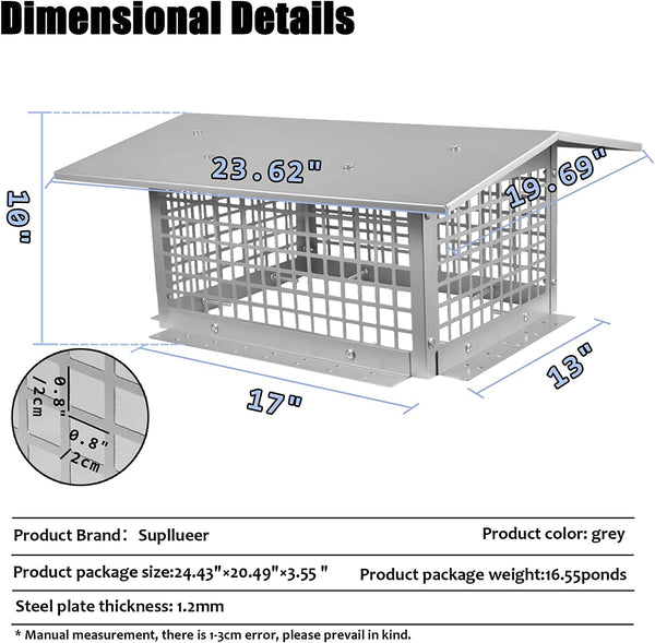 Marada 8" x 13"|8" x 17"|13" x 13"|13" x 17" Chimney Cap Flue Caps Fits Outdoor Masonry Chimney Flue Tile