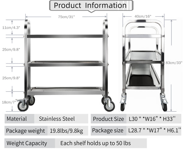 Marada 3 Tier Stainless Steel Utility Cart with Locking Wheels Shelf Kitchen Cart Trolley