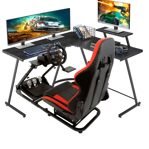 Marada Adjustable Racing Simulator Cockpit Frame with Gear Shifter Mount fit for Logitech G25 G27 G29 G920 with Red Seat