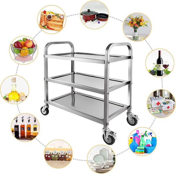 Marada 3 Tier Stainless Steel Utility Cart with Locking Wheels Shelf Kitchen Cart Trolley