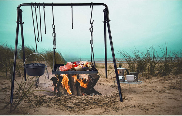 Marada Swing Grill Campfire Cooking Stand BBQ Carbon Steel with Hooks for Campfire & Outdoor Picnic Cookware Party & Dutch Oven Adjustable Height (Black)