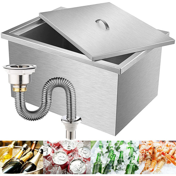 Marada Drop-in Ice Chest 18''L x 12''W x 15''H| 23''L x 17''W x 12''H  Insulated Kitchen Sink SUS 304 Stainless Steel with Cover Including Drain-Pipe & Drain Plug Outdoor Drop in Ice Bin Cooler for Cold Wine Beer Beverage